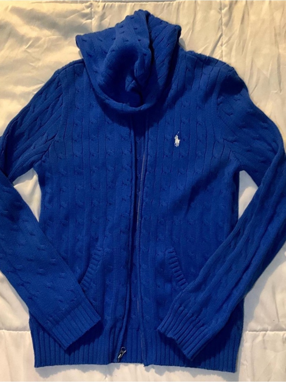 Polo Ralph Lauren Sport Blue Cable Knit Full Zip Hoodie Sweater L - Picture 2 of 7